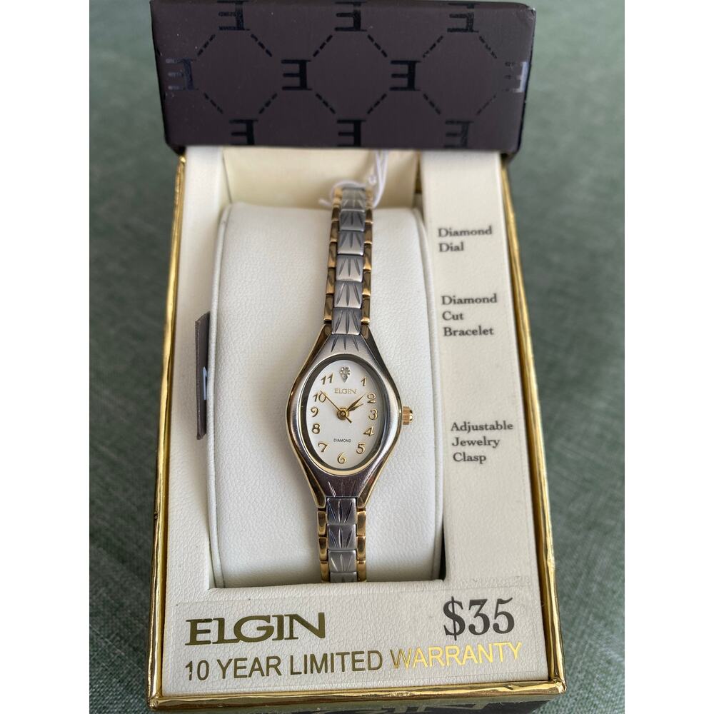 Elgin Women’s Two-Tone Watch - Diamond Dial - Diamond Cut Bracelet EG8076 NIB - Picture 2 of 5